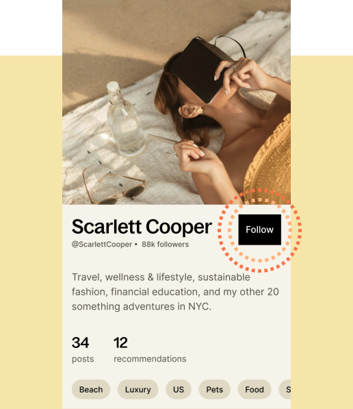 a screenshot of a generic creator page (Scarlett Cooper) with a square bachground of pale yellow