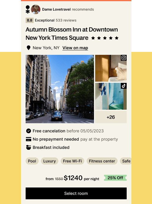 a screenshot of a fake sample hotel page (Autumn Blossom Inn at Downtown New York Times Square) demonstrating the layout of the hotel page