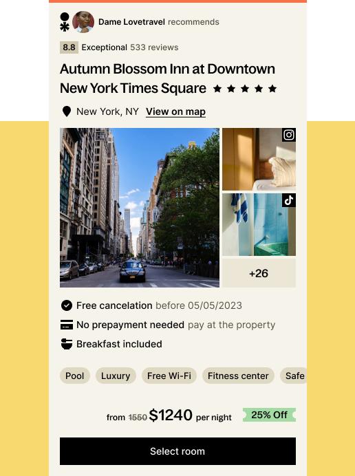 a screenshot of a fake sample hotel page (Autumn Blossom Inn at Downtown New York Times Square) demonstrating the layout of the hotel page